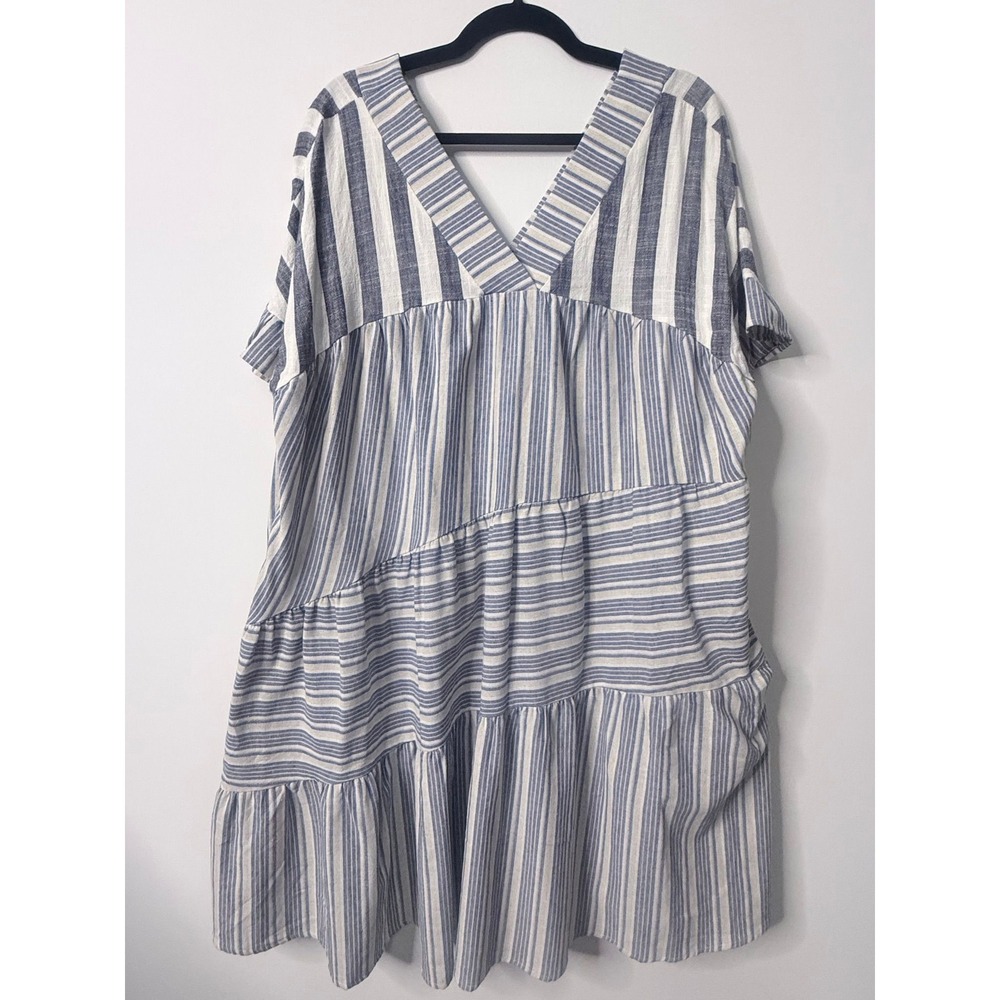 GiGiO Cottagecore Striped Ruffle-Sleeve Tiered Linen Blend Blue White Medium